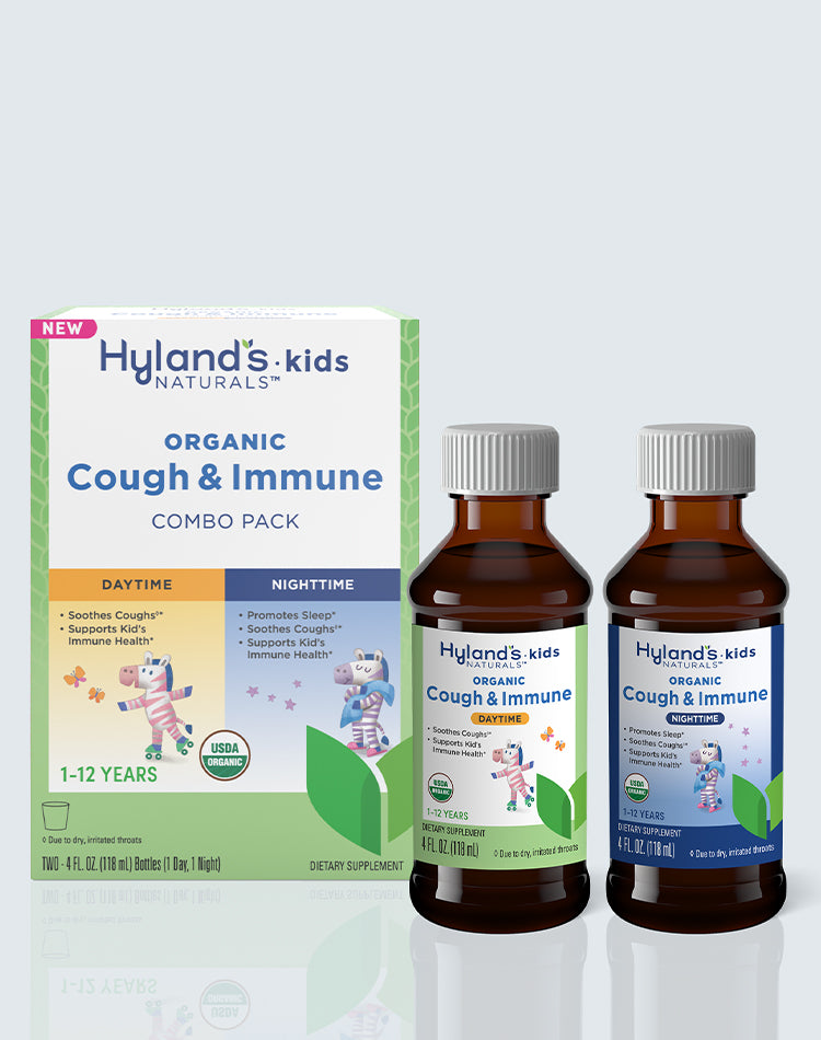 Kids Organic Cough & Immune Combo Pack packaging and containers. 
